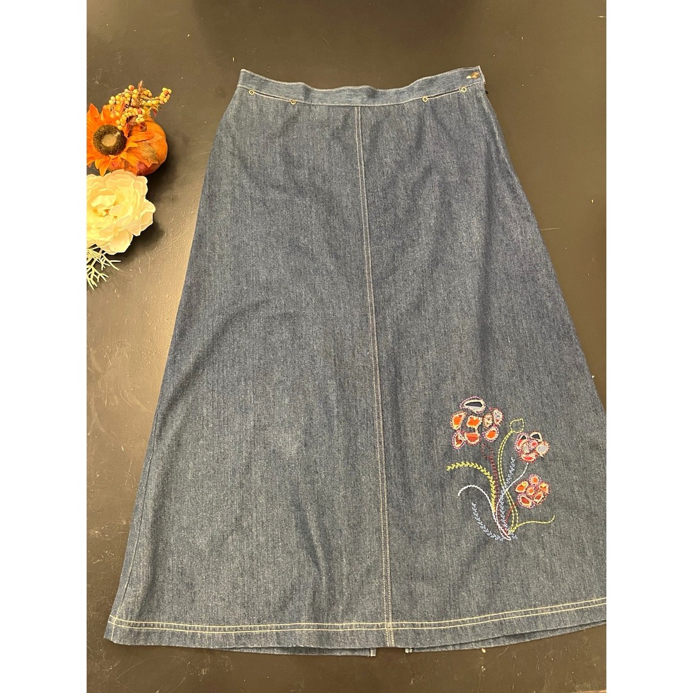 Napa Valley 90s Y2K Blue Denim Floral Patch Embroidered A-Line Midi Skirt Sz 14